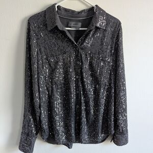 Anthropologie Silver Sequin Button Down Blouse